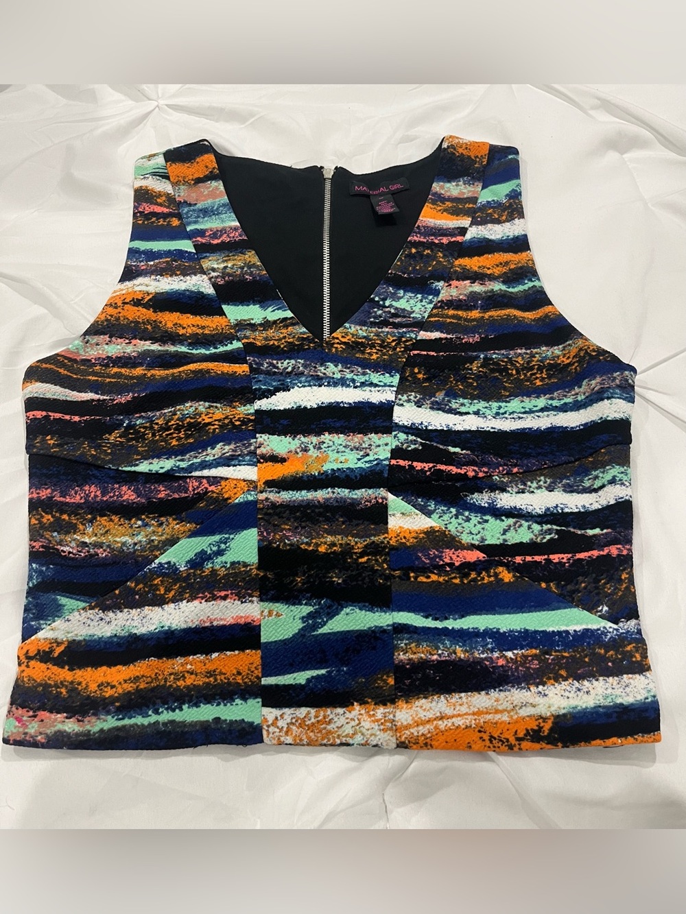 Material Girl Vibrant Striped V‑Neck Dress Top in Orange, Blue & Black